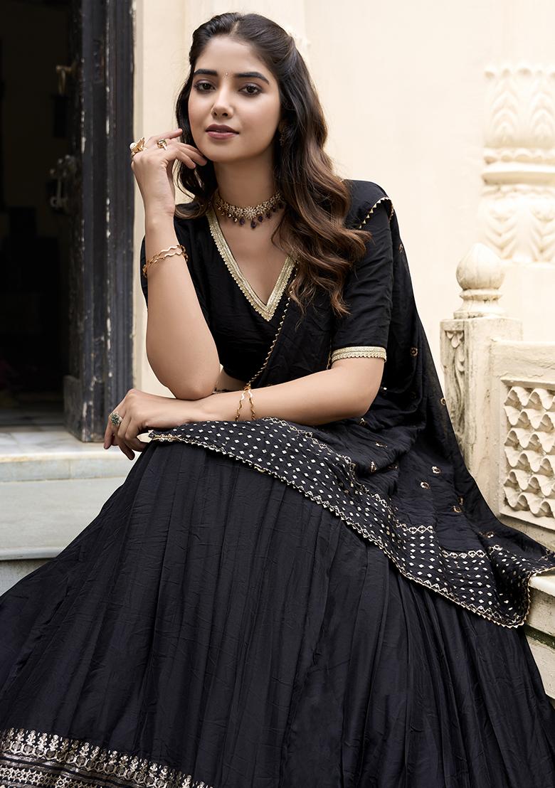 Black Solid Pure Chanderi Lehenga Set With Dupatta
