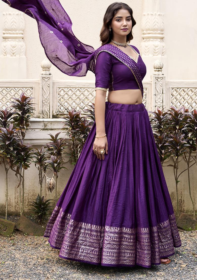 Purple Solid Pure Chanderi Lehenga Set With Dupatta