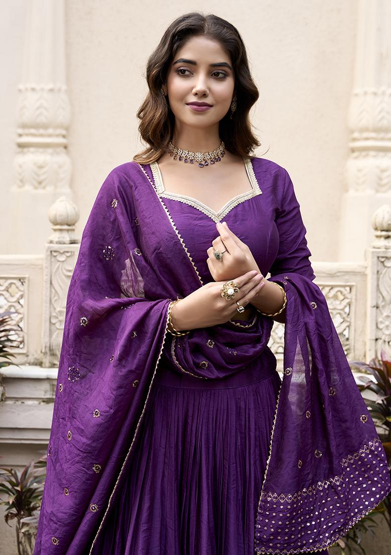 Purple Solid Pure Chanderi Lehenga Set With Dupatta