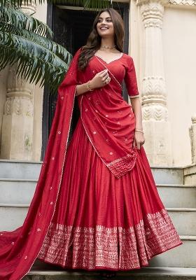 Red Solid Pure Chanderi Lehenga Set With Dupatta