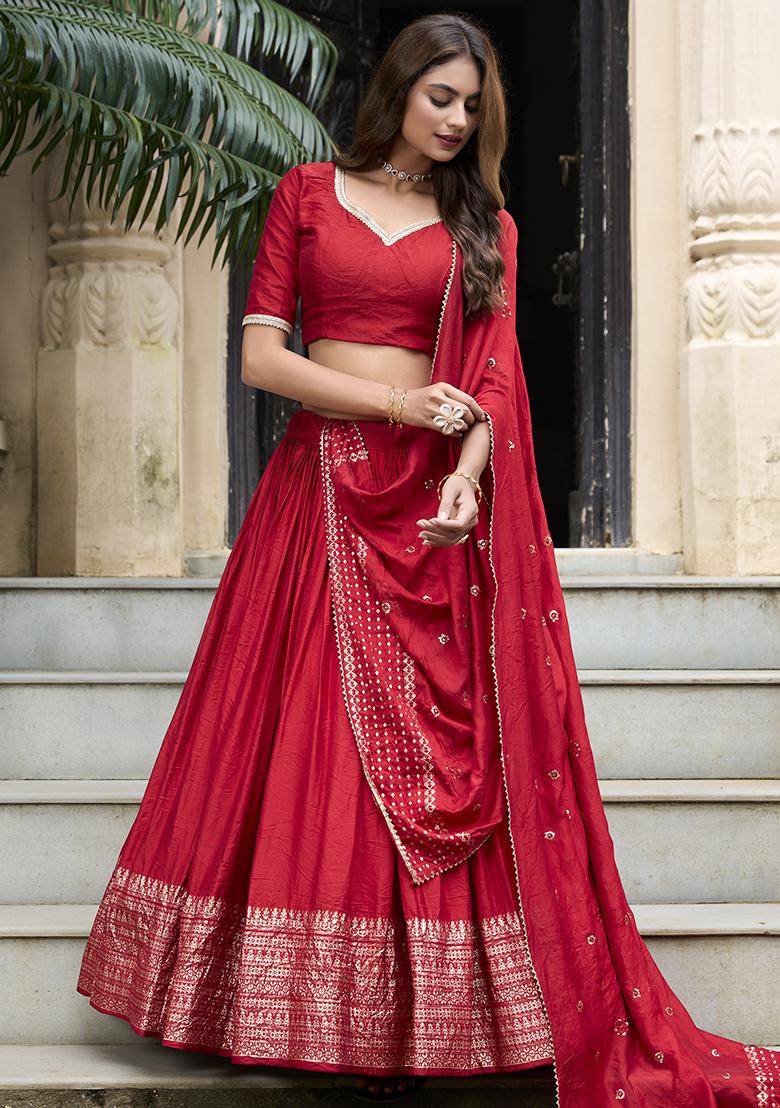 Red Solid Pure Chanderi Lehenga Set With Dupatta