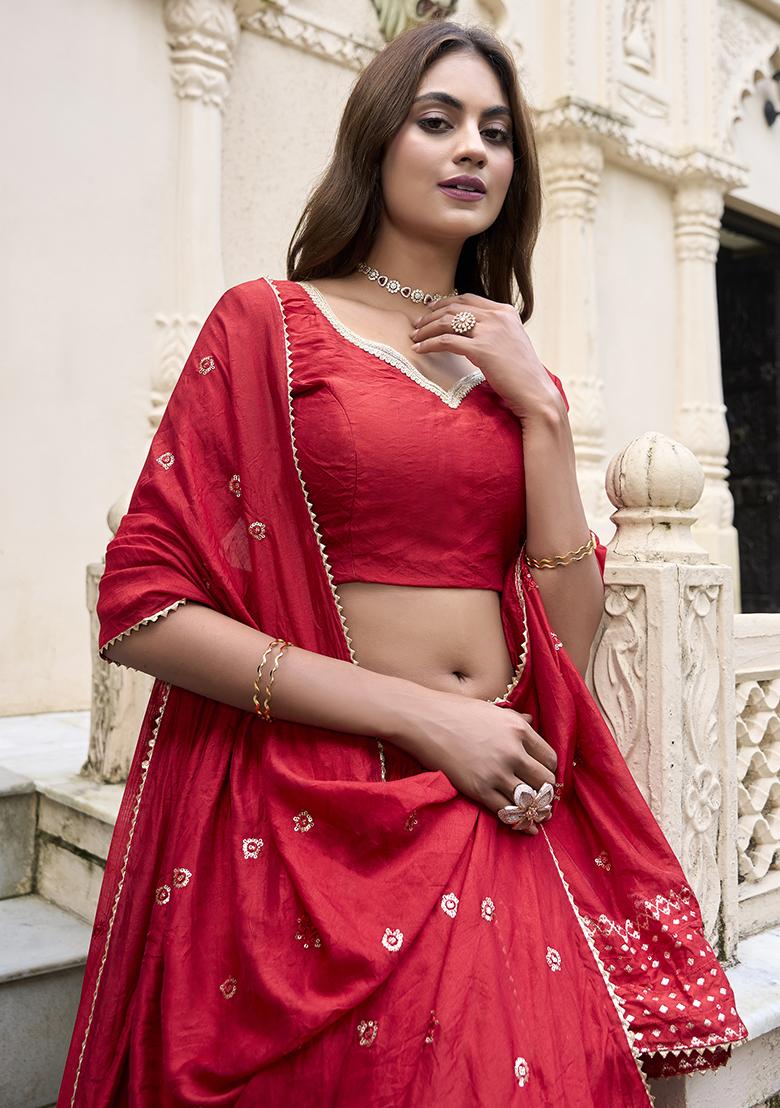 Red Solid Pure Chanderi Lehenga Set With Dupatta