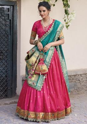 Pink Embroidererd Jacquard Silk Lehenga Set With Dupatta