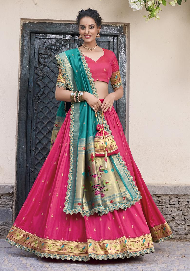 Pink Embroidererd Jacquard Silk Lehenga Set With Dupatta