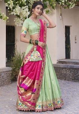 Pista Green Embroidererd Jacquard Silk Lehenga Set With Dupatta