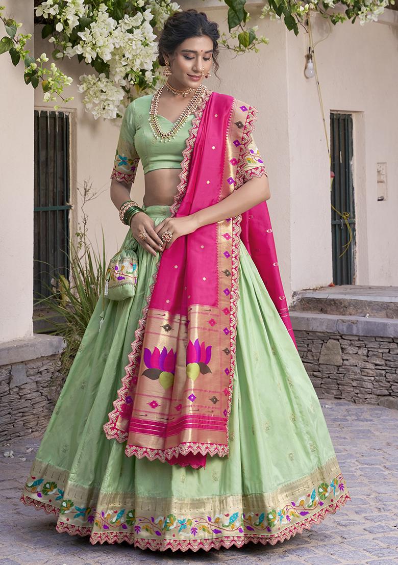 Pista Green Embroidererd Jacquard Silk Lehenga Set With Dupatta
