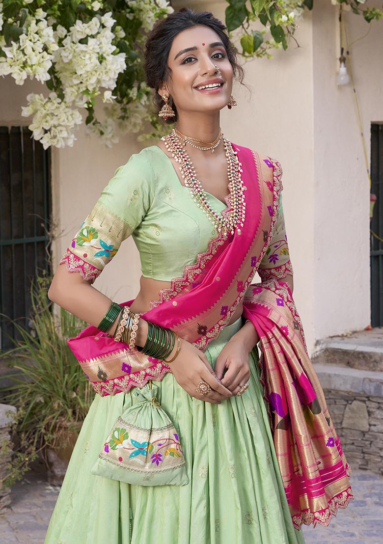 Pista Green Embroidererd Jacquard Silk Lehenga Set With Dupatta