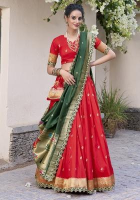 Red Embroidererd Jacquard Silk Lehenga Set With Dupatta