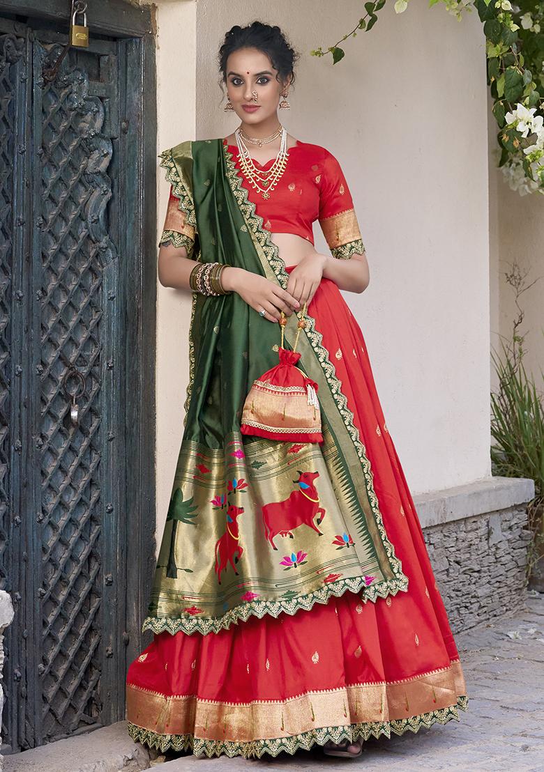 Red Embroidererd Jacquard Silk Lehenga Set With Dupatta