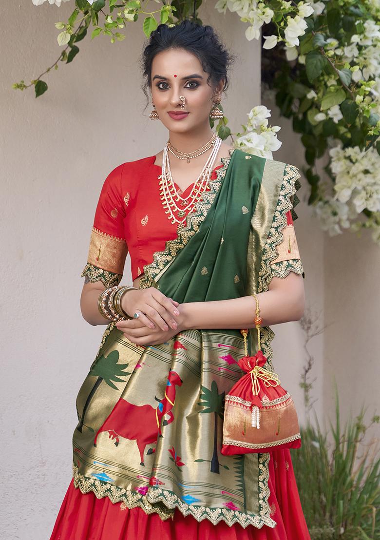 Red Embroidererd Jacquard Silk Lehenga Set With Dupatta