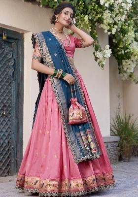 Light Pink Embroidererd Jacquard Silk Lehenga Set With Dupatta