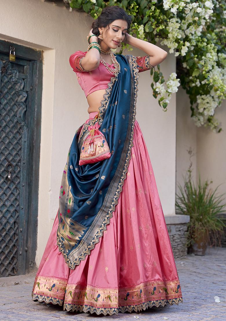 Light Pink Embroidererd Jacquard Silk Lehenga Set With Dupatta
