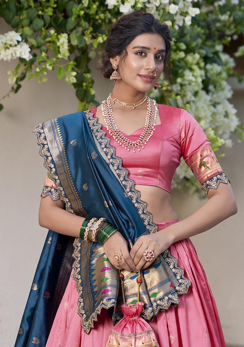 Light Pink Embroidererd Jacquard Silk Lehenga Set With Dupatta