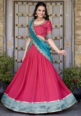 Pink Embroidererd Vichitra Silk Lehenga Set With Dupatta