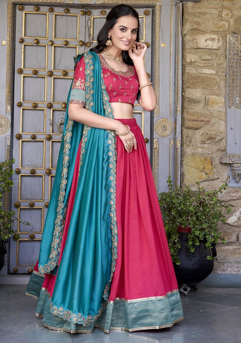 Pink Embroidererd Vichitra Silk Lehenga Set With Dupatta