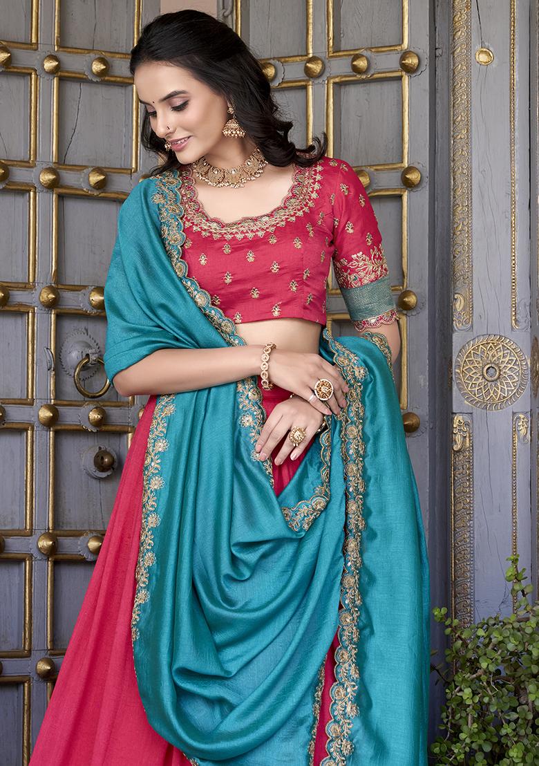 Pink Embroidererd Vichitra Silk Lehenga Set With Dupatta