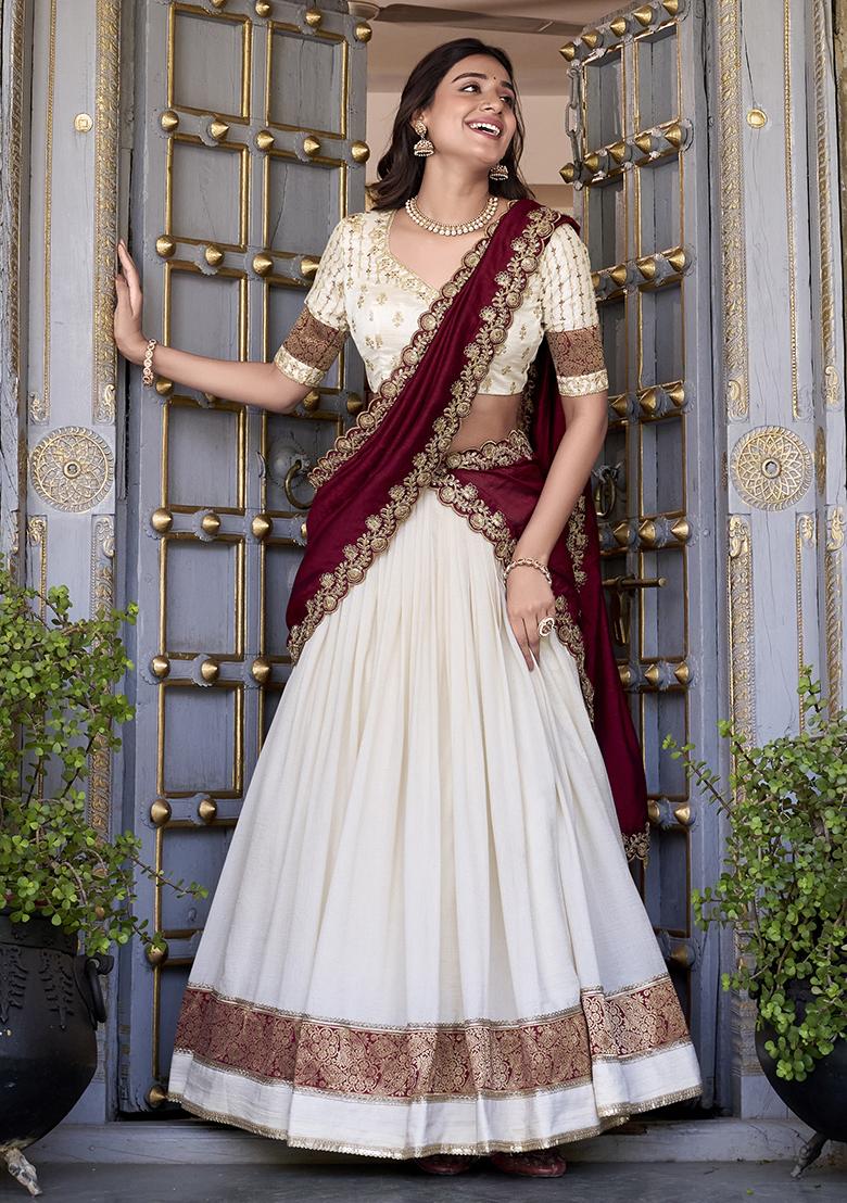 Off White Embroidererd Vichitra Silk Lehenga Set With Dupatta