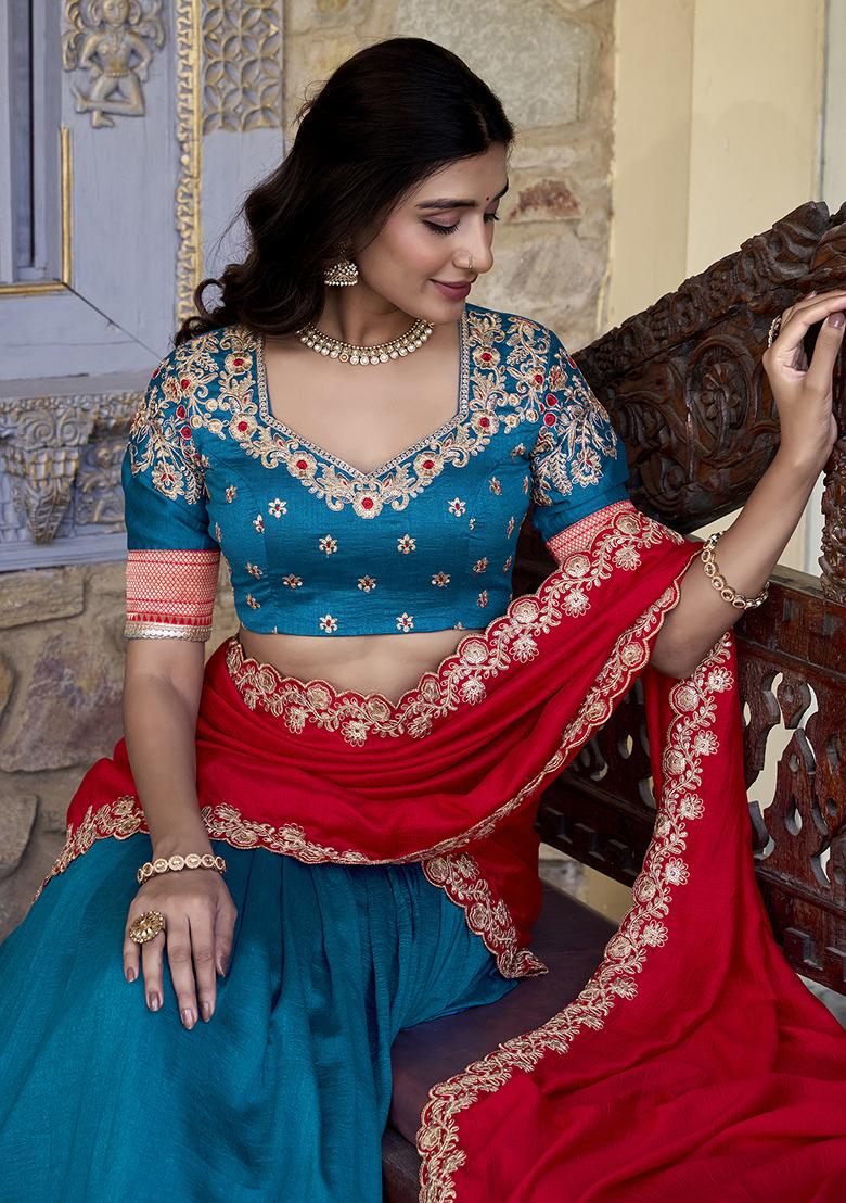 Teal Blue Embroidererd Vichitra Silk Lehenga Set With Dupatta