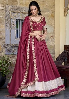Maroon Embroidererd Vichitra Silk Lehenga Set With Dupatta