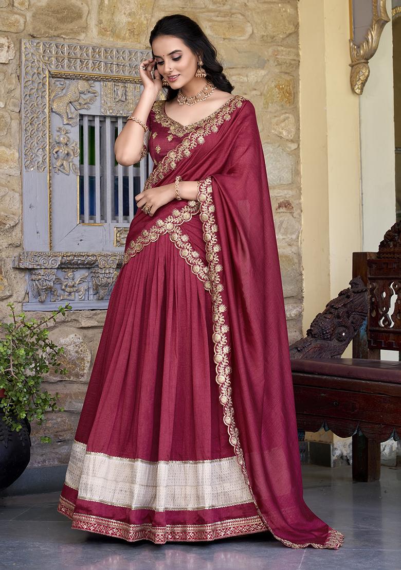 Maroon Embroidererd Vichitra Silk Lehenga Set With Dupatta