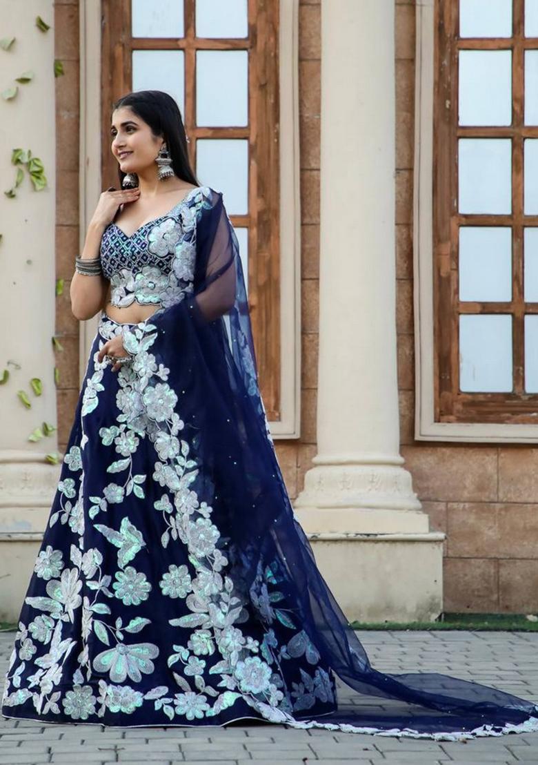 Multicolor Embroidererd Silk Lehenga Set With Dupatta