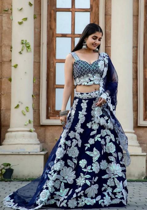 Multicolor Embroidererd Silk Lehenga Set With Dupatta