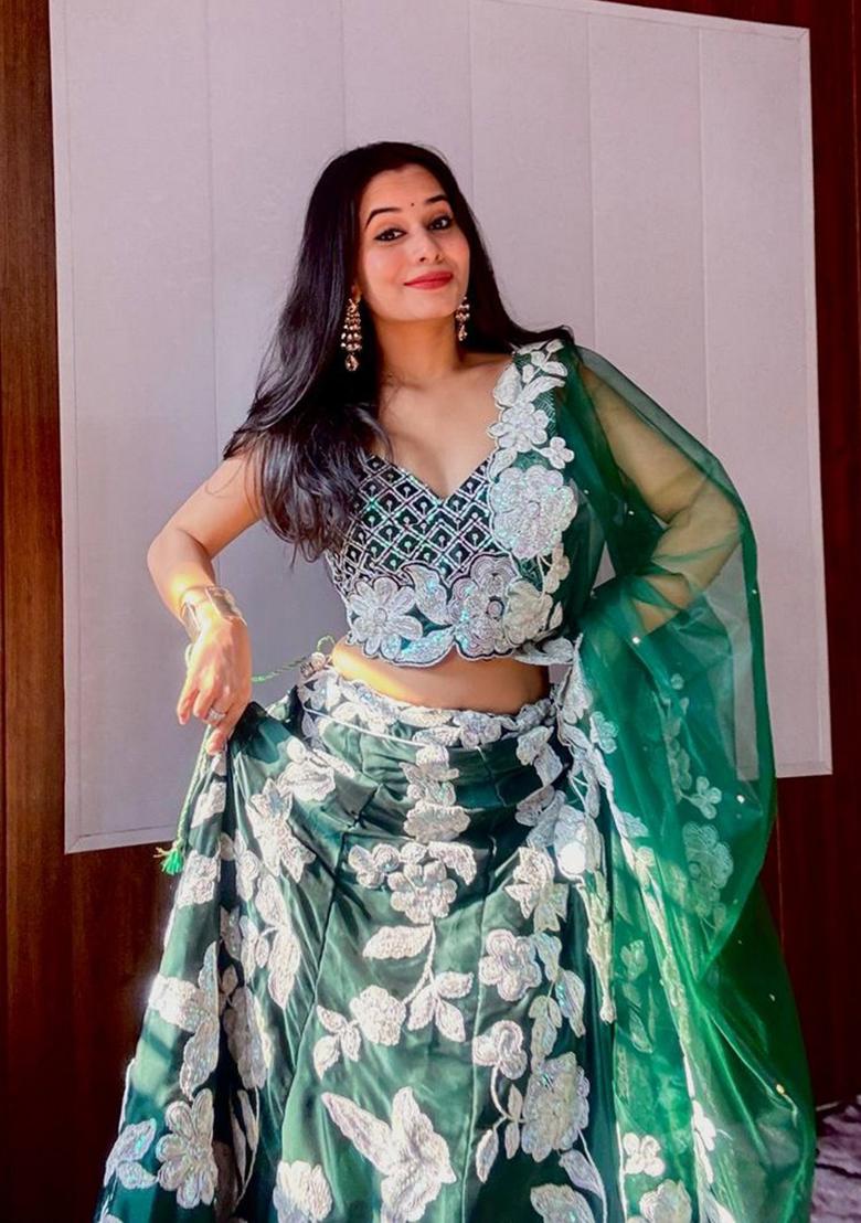 Multicolor Embroidererd Silk Lehenga Set With Dupatta