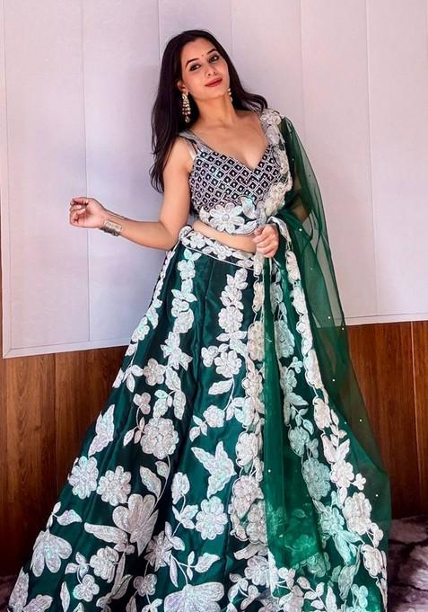 Multicolor Embroidererd Silk Lehenga Set With Dupatta