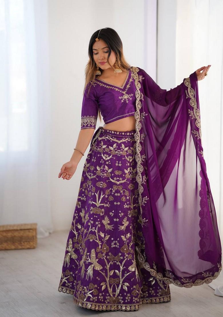 Multicolor Embroidererd Silk Lehenga Set With Dupatta