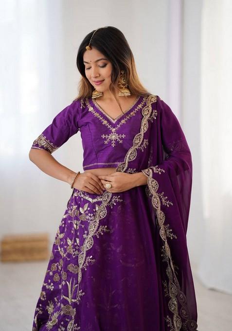 Multicolor Embroidererd Silk Lehenga Set With Dupatta