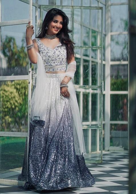 Multicolor Embroidererd Silk Lehenga Set With Dupatta