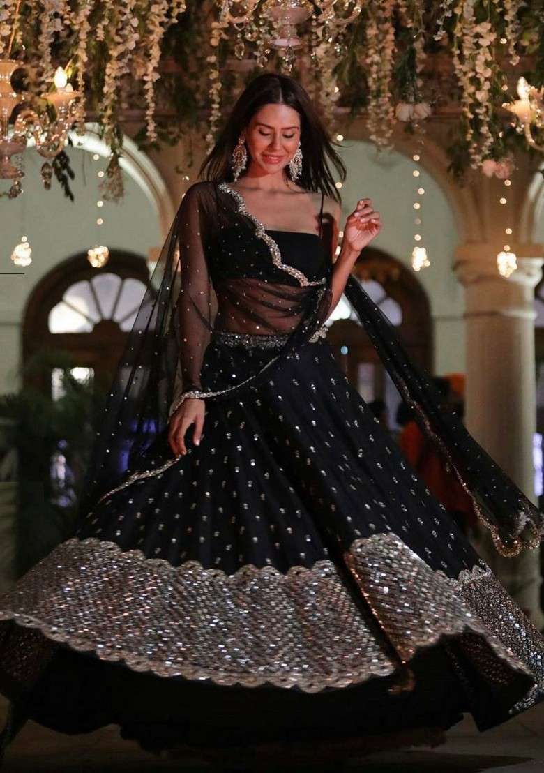 Black Embroidererd Georgette Lehenga Set With Dupatta for Diwali and Festive Wear - Indya