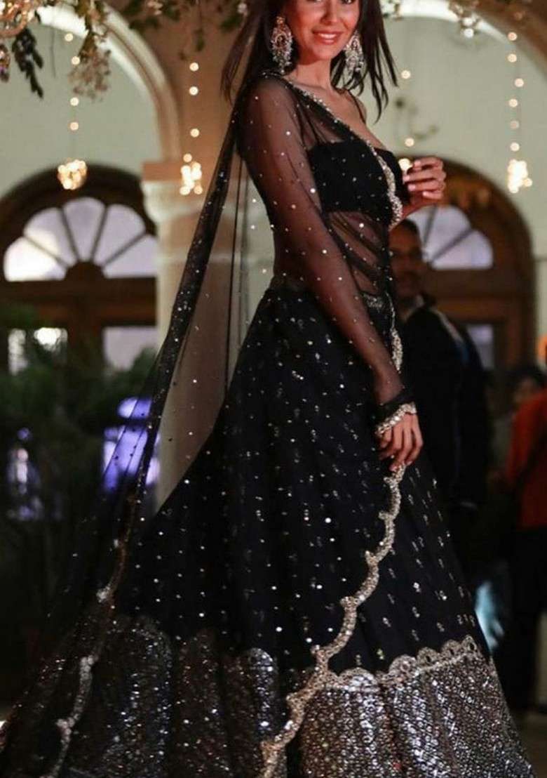 Black Embroidererd Georgette Lehenga Set With Dupatta for Diwali and Festive Wear - Indya