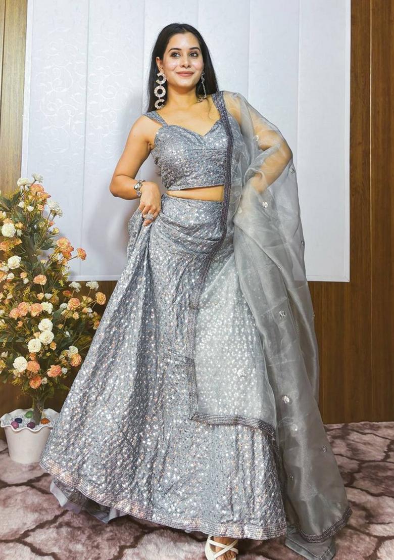 Multicolor Embroidererd Silk Lehenga Set With Dupatta