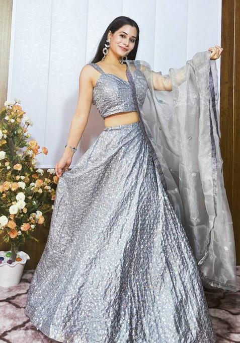 Multicolor Embroidererd Silk Lehenga Set With Dupatta