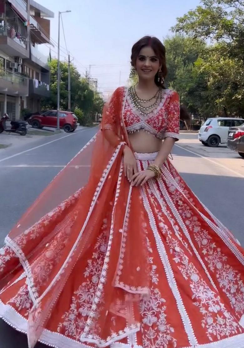 Multicolor Embroidererd Silk Lehenga Set With Dupatta