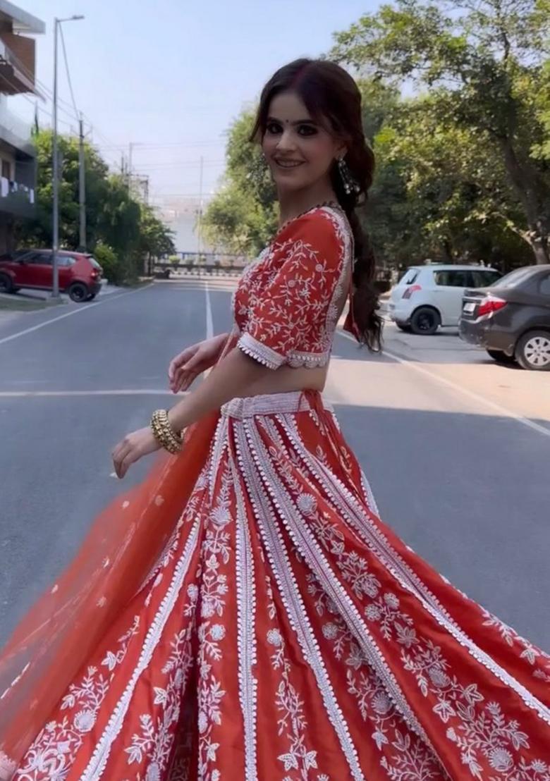 Multicolor Embroidererd Silk Lehenga Set With Dupatta