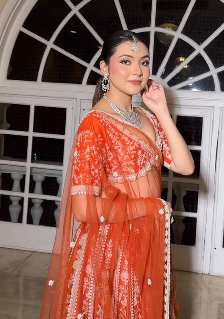 Multicolor Embroidererd Silk Lehenga Set With Dupatta