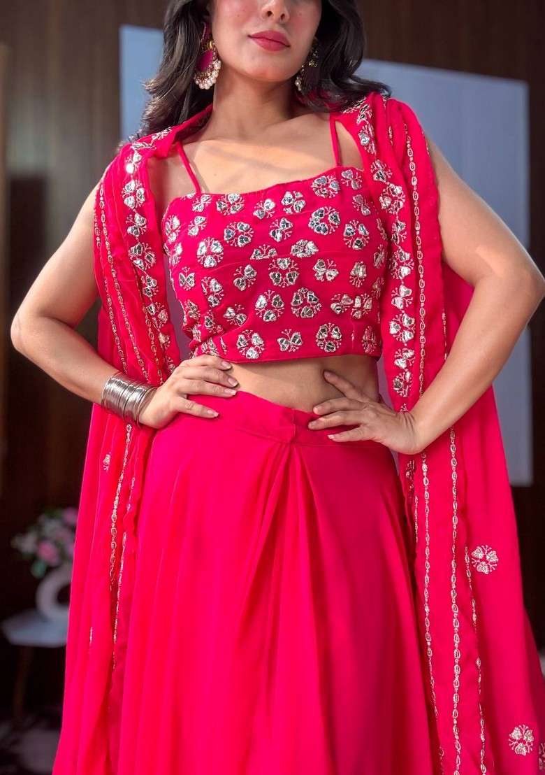 Multicolor Embroidererd Georgette Lehenga Set With Dupatta for Diwali and Festive Wear - Indya