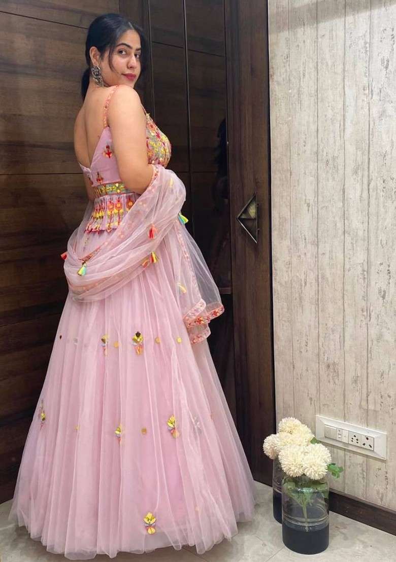 Multicolor Thread Work Georgette Lehenga Set With Dupatta - Indya