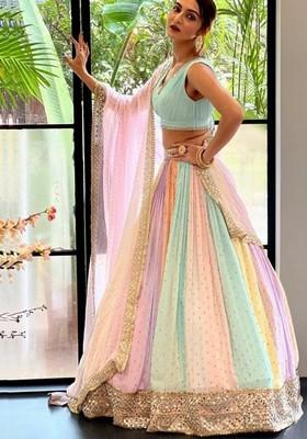 Multicolor Embroidererd Silk Lehenga Set With Dupatta