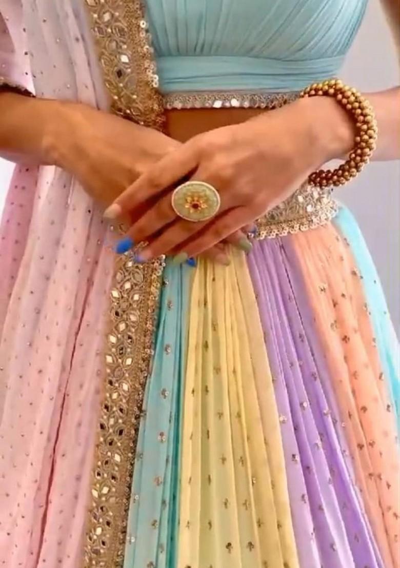 Multicolor Embroidererd Silk Lehenga Set With Dupatta