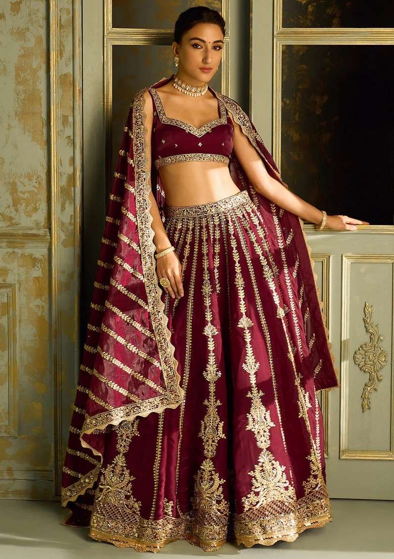 Multicolor Embroidererd Silk Blend Lehenga Set With Dupatta for Diwali and Festive Wear - Indya