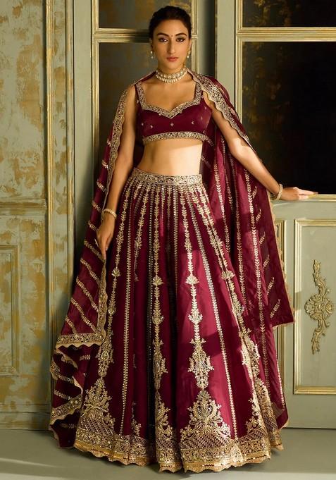 Multicolor Embroidererd Silk Lehenga Set With Dupatta