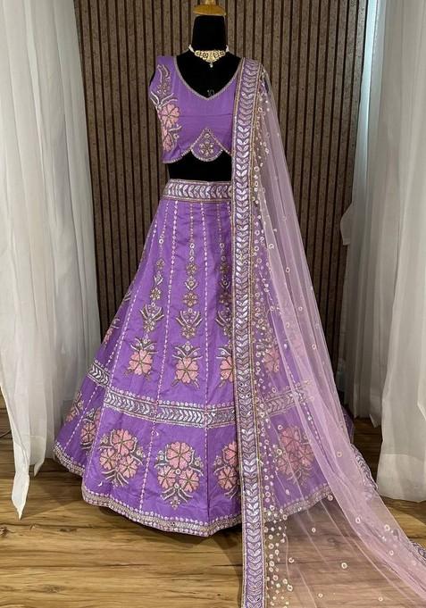 Multicolor Embroidererd Silk Lehenga Set With Dupatta