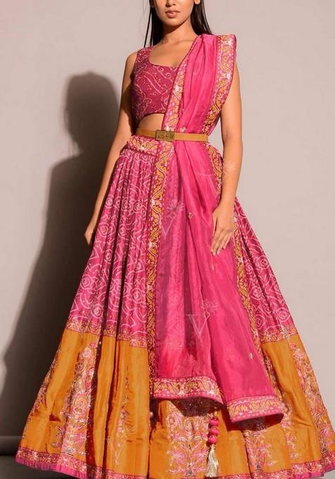 Multicolor Embroidererd Silk Lehenga Set With Dupatta