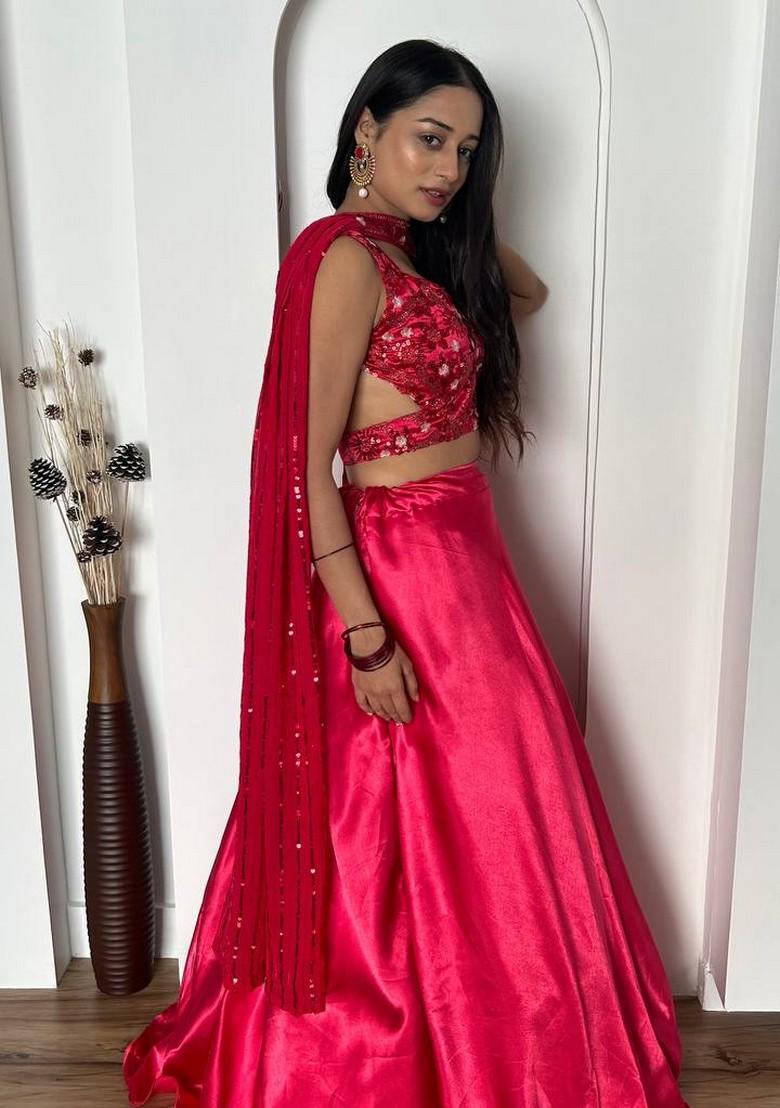 Multicolor Embroidererd Silk Lehenga Set With Dupatta