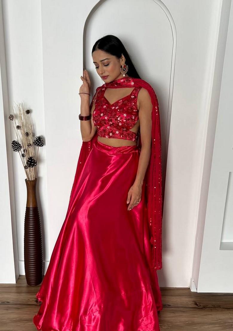 Multicolor Embroidererd Silk Lehenga Set With Dupatta