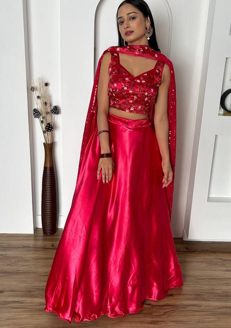 Multicolor Embroidererd Silk Lehenga Set With Dupatta