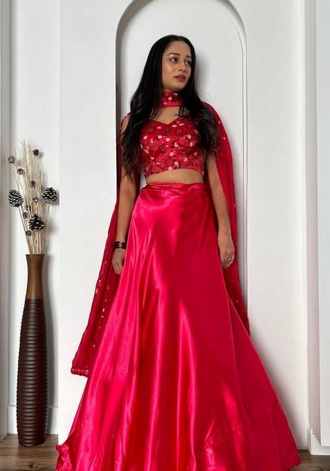 Multicolor Embroidererd Silk Lehenga Set With Dupatta